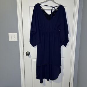 Very J Dress Women's Large Navy Blue Hi Low Flutter Sleeve V Neck Polyester